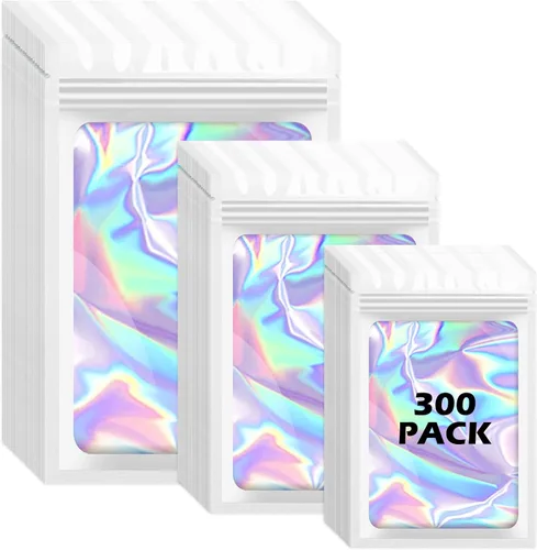 Vista 22 de 300 bolsas holográficas de mylar, 3 tamaños, bolsas a prueba de olores con ventana transparente, bolsas de papel de aluminio resellables