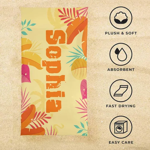 Vista 5 de InterestPrint Toalla de playa personalizada para mujeres y hombres, hojas tropicales, naranja, toallas de playa personalizadas con nombres, manta