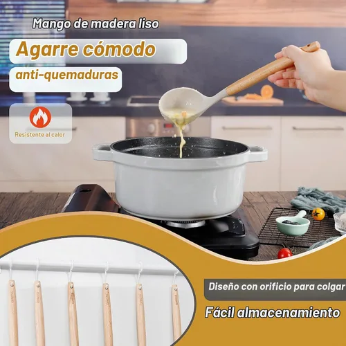 Vista 4 de QMVESS Juego de utensilios de cocina de silicona, 35 piezas, antiadherentes, aislamiento resistente, mango de madera, accesorios de cocina