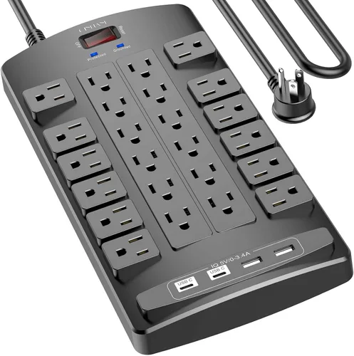 Vista 8 de QINLIANF Protector contra sobretensiones Regleta de enchufes - Cable de extensión de servicio pesado con enchufe plano de 6 pies con 24
