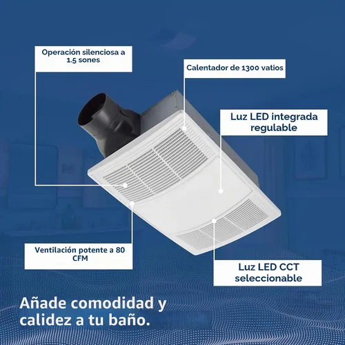 Vista 2 de Broan-NuTone BHFLED80 PowerHeat - Extractor de baño, calentador y combinación de luz LED, 80 CFM.