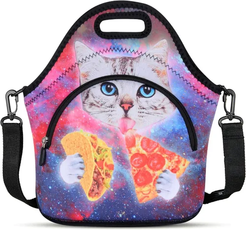 Vista 15 de Violet Mist Bolsas de almuerzo de neopreno con correa para el hombro, bolsas de almuerzo aisladas, lonchera térmica, reutilizable, bolsa bento