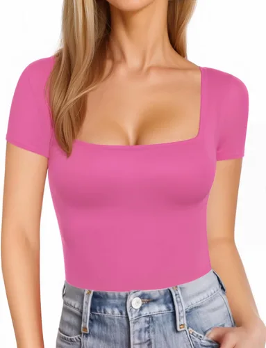 Vista 23 de MANGOPOP - Camisetas ajustadas de manga corta y manga larga con cuello cuadrado para mujer A01 Manga Corta Negro