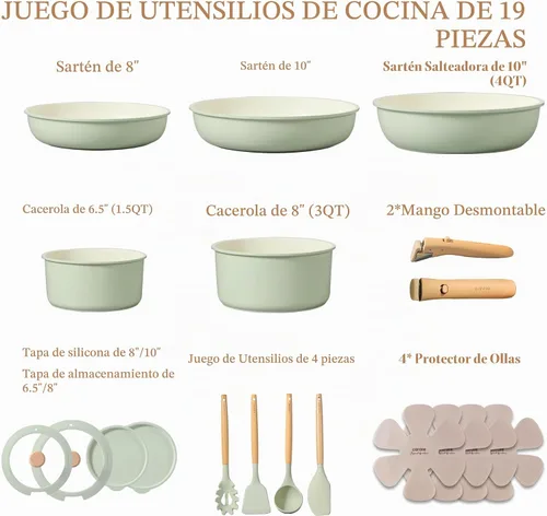 Vista 2 de CAROTE - Juego de ollas y sartenes antiadherentes, mango desmontable, 19 Verde salvia