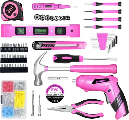 Vista 3 de Juego de herramientas rosa, juego de 130 piezas para el hogar para mujeres con destornillador recargable inalámbrico de 3.6V, juego básico