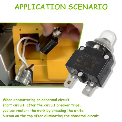 Vista 5 de Disyuntor de botón de reinicio manual de 15 A, 125/250 V, CA, 50 V, CC, protector de sobrecarga térmica para automóviles con terminales de conexión