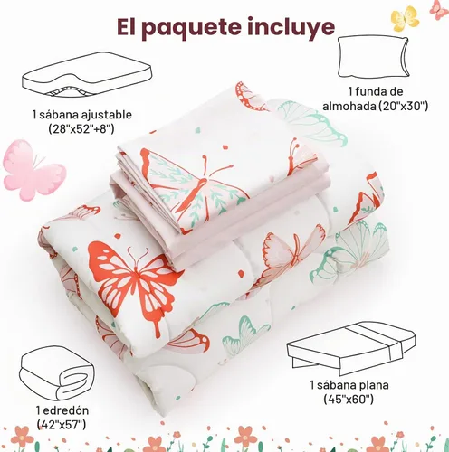 Vista 7 de david's kids Juego de ropa de cama de 4 piezas para niños pequeños - Juego de ropa de cama suave y transpirable para niñas, incluye edredón Mariposa