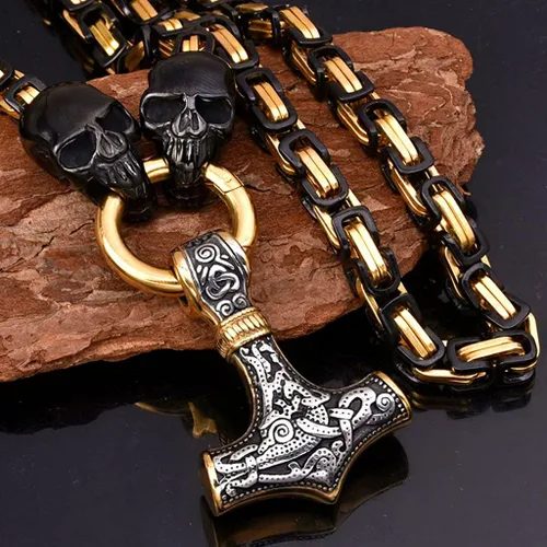 Vista 2 de Thor's Hammer - Collar de acero de titanio grueso pesado, colgante de amuleto Mjolnir, joyería vikinga, regalos para hombres nórdicos, auténtica