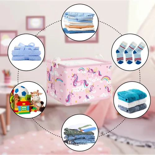 Vista 6 de Clastyle Adorable cesta de estante de unicornios rosados para niños, diseño de nube, corazón, arco iris, cesta de regalo rectangular para ropa