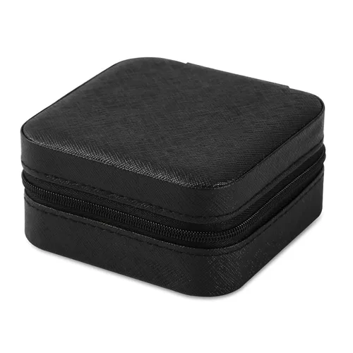 Vista 2 de Mini joyero portátil de viaje de cuero para joyas, organizador de anillos, caja de regalo de almacenamiento, para niñas y mujeres (negro).