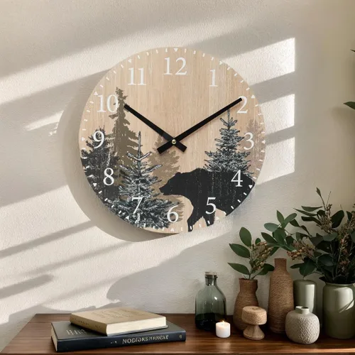 Vista 2 de SwallowLiving Reloj de pared con oso de cabaña, 12 pulgadas, silencioso, sin tictac, bosque de madera, vida silvestre, montaña, cabaña, reloj