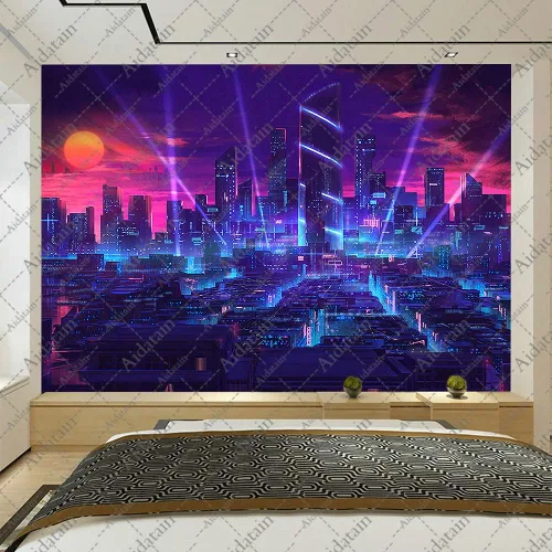 Vista 2 de Aidatain Tapiz de ciudad punk con paisaje urbano fresco para niños, tapiz tecnológico de franela de tamaño pequeño de 60 x 40 pulgadas, tapiz