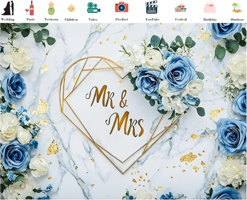 Vista 3 de LB Telón de fondo de boda de señor y señora de 5 x 3 pies, diseño floral de rosa blanca y azul, para fotografía de pareja, boda, fiesta, pancarta