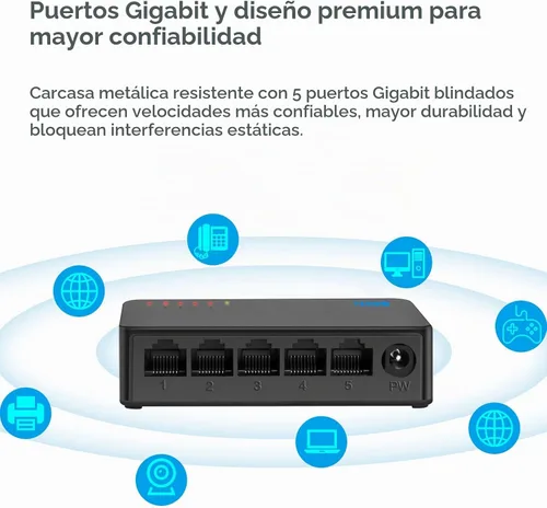 Vista 4 de Interruptor de red Gigabit de 5 puertos, interruptor portátil Plug & Play Carcasa sin ventilador, negro, para el hogar, oficina, interruptores