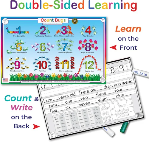 Vista 4 de Tot Talk Count Bugs Learn and Write Numbers 1-10 - Mantel individual educativo para niños, de doble cara, impermeable, lavable, fabricado en Estados