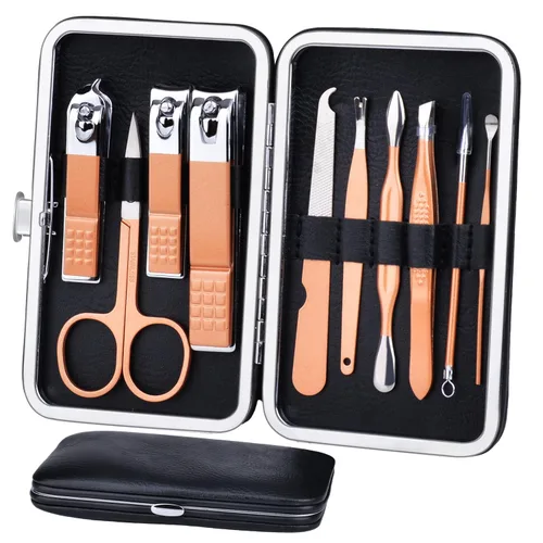 Vista 7 de HANTEKAS Juego de manicura 10 en 1 de acero inoxidable, cortaúñas tijeras kit de herramientas de pedicura - Kit de aseo portátil de viaje para Verde