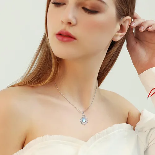 Vista 3 de OHAYOO Lotus Necklace 925 Sterling Silver Lotus Flower Moonstone Opal Pendant Necklace Gift Jewelry for Women