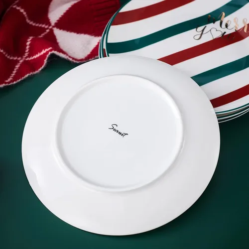 Vista 6 de Platos de Cena de Navidad de China Ósea - Platos de Postre - Platos de Ensalada Juego de 4, Apto para Lavavajillas (Rayado, 20.3 cm)