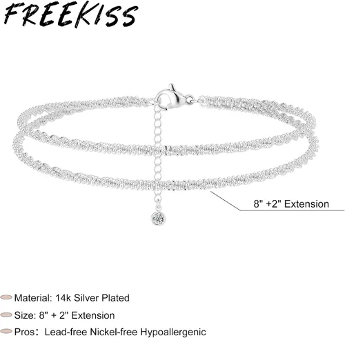 Vista 7 de Freekiss - Tobilleras de plata de ley para mujer impermeables con capas delicadas, ajustables, apilables con cadenas Figaro, cuentas y eslabones