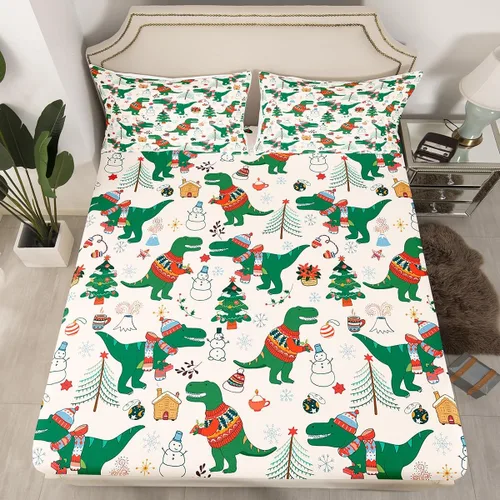 Vista 32 de Juego de sábanas con diseño de Papá Noel y muñeco de nieve para niños, niñas y niños, de temática navideña, juego de cama con diseño de árbol