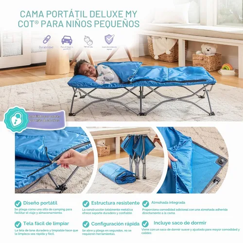 Vista 5 de Regalo My Cot Deluxe Cama portátil para niños pequeños, incluye saco de dormir, azul marino