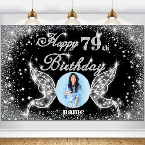 Vista 104 de Cartel personalizado de decoración de fiesta de cumpleaños número 100 - tema de alas de ángel - negro y plateado HY-NLK-100º