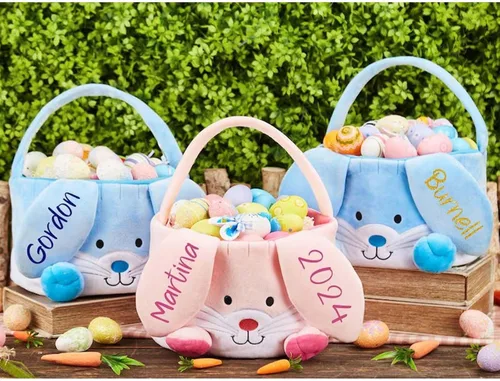 Vista 3 de Personalized Bunny Easter Basket, Custom Embroidered Monogram Easter Bucket Plush Easter Basket Kids Easter Gift Perfect for Toys and Candy