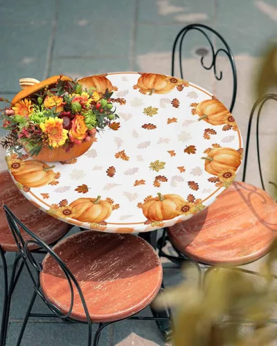 Vista 25 de Mantel ajustado para mesa redonda, mantel de otoño con hojas de otoño y calabaza de Acción de Gracias con borde elástico, mantel impermeable de Beige