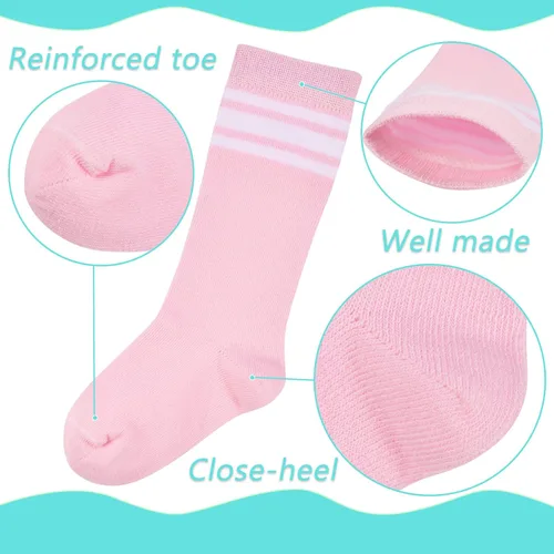 Vista 4 de LO SHOKIM Calcetines hasta la rodilla para niños pequeños calcetines de fútbol para niñas tres rayas sobre la pantorrilla uniforme escolar