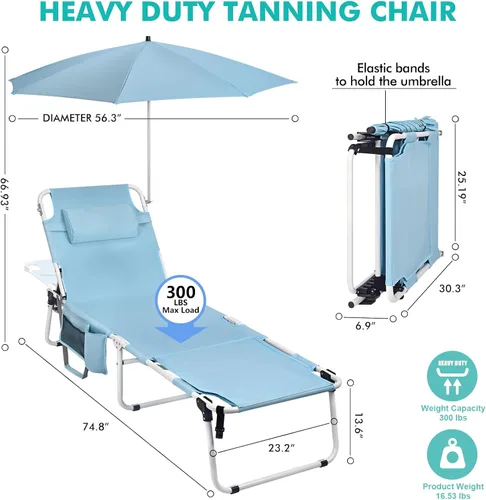 Vista 7 de Silla de bronceado con paraguas UPF 50+ ajustable, tumbona plegable resistente para exteriores, reclinable, 5 posiciones, para tomar el sol, tomar