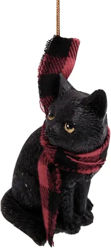 Vista 2 de Gato negro con bufanda adorno de Navidad, decoración navideña, adorno colgante de árbol, 3 pulgadas