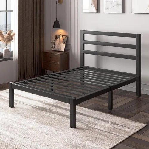 Vista 5 de LoVinson Marco de cama de metal tamaño individual con cabecero, listones de metal, color negro Sturdy Platform Bed Frame for Kids, Easy Assembly
