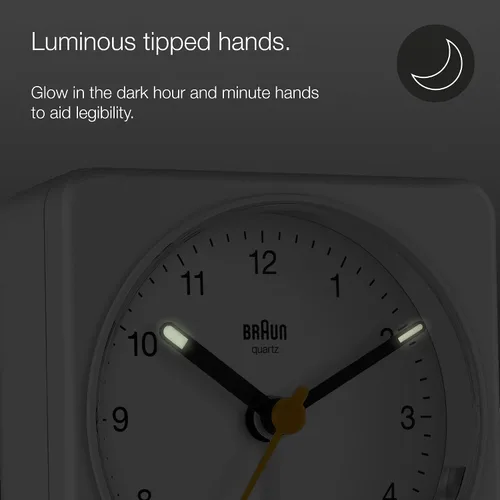 Vista 5 de Braun Reloj despertador analógico clásico con repetición y luz, movimiento de barrido de cuarzo silencioso, alarma de pitido Crescendo en blanco