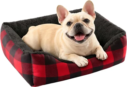 Vista 10 de Hollypet Cama Rectangular de Felpa para Perros y Gatos Autocalentable, Negra con Cuadros A cuandros negros