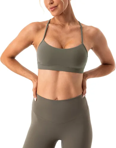 Vista 4 de Ukaste Sujetador deportivo con espalda en Y para mujer, con relleno de tirantes delgados, de bajo impacto, para entrenamiento y yoga