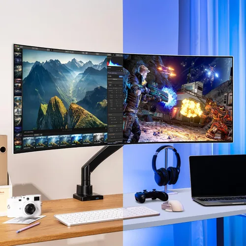 Vista 4 de AVLT Brazo de monitor súper ultra ancho de 17"-57" para pantallas de hasta 59.5 libras, soporte de escritorio de aluminio premium, altura neumática