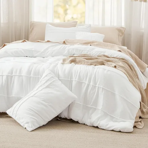 Vista 28 de Bedsure - Juego de edredón individual de 3 piezas, beige bohemio, plisado