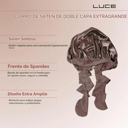 Vista 6 de LUCE Gorro de seda de satén para dormir, gorro de satén XL de doble capa de 600 hilos para mujer, gorro para dormir con lazo ajustable para Marrón