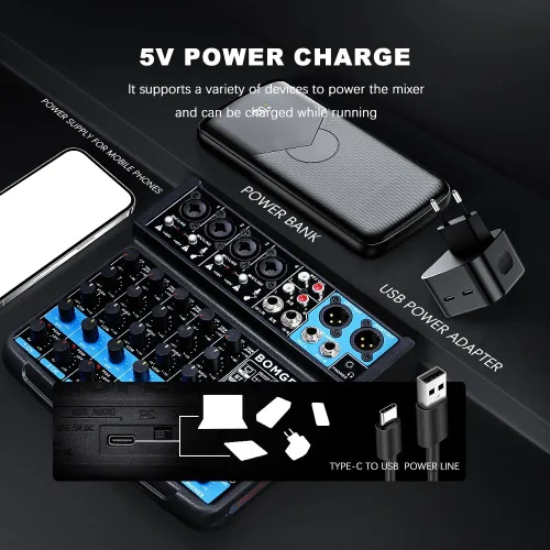 Vista 5 de BOMGE Consola mezcladora de sonido mini DJ Audio de 6 canales con interfaz USB, Bluetooth, grabación estéreo, alimentación fantasma de 48V, 99