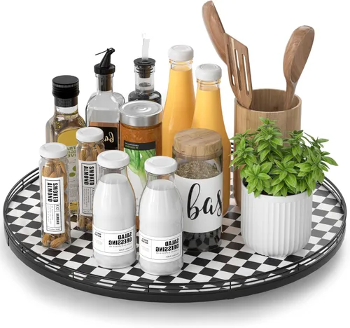Vista 50 de Marble Lazy Susan - Tocadiscos para mesa, bandeja redonda de mármol de grano de madera antigua de 10 pulgadas para mesa de comedor, encimera de Negro