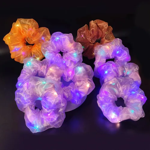 Vista 18 de Scrunchies LED, 18 piezas multicolor que brillan en la oscuridad suministros de fiesta, recuerdo de fiesta de neón, accesorios de festival rave