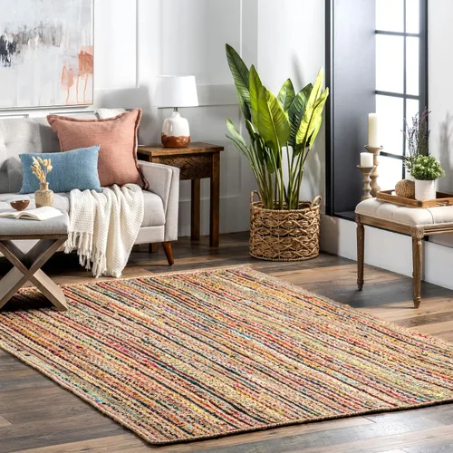 Vista 14 de nuLOOM Tammara - Alfombra bohemia trenzada a mano, algodón, hecha a mano, ecológica, colorida, roja, azul, rosa, amarillo Nuloom Tammara Ombre 2