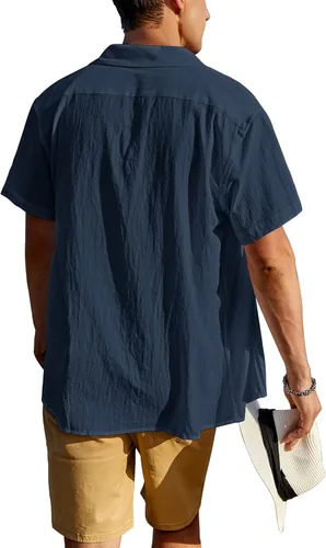 Vista 3 de COOFANDY Camisas de lino de algodón para hombre, ajuste relajado, manga corta, camisa con botones, plisada, guayabera