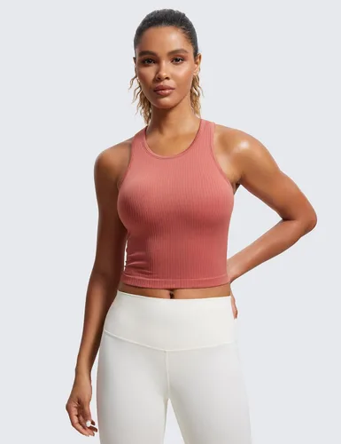 Vista 2 de CRZ YOGA Brasier deportivo de cuello alto acanalado sin costuras para mujer, espalda cruzada, acolchado, ajustado, con brasier integrado