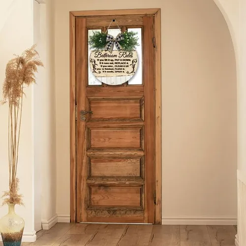 Vista 5 de Letrero de madera para baño, estilo granja, inodoro, placa colgante de madera, rústico, retro, decoración de pared para el hogar, rústico, casa