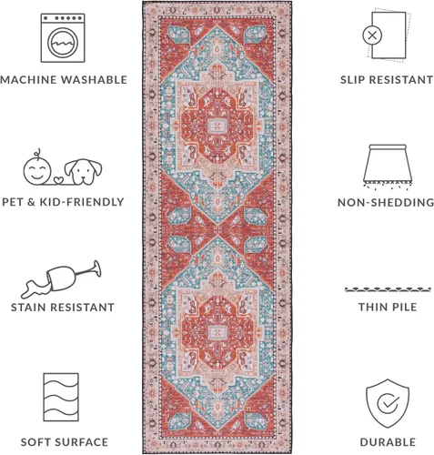 Vista 7 de SAFAVIEH Tucson Collection - Alfombra lavable de 2 pies 6 x 8 pies, color aguamarina y al óxido, antideslizante, ideal para zonas de alto tráfico