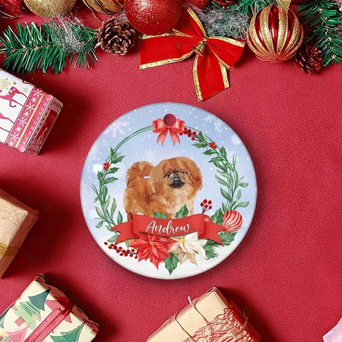 Vista 5 de Adorno personalizado con nombre de perro, adorno de Navidad de cerámica personalizado para perro, colgante redondo para árbol de bolas, recuerdo
