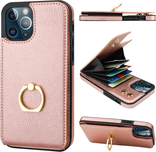 Vista 11 de Folosu Funda compatible con iPhone 12/12 Pro con soporte para tarjetas, rotación de 360°, soporte de anillo de dedo con función atril, protección