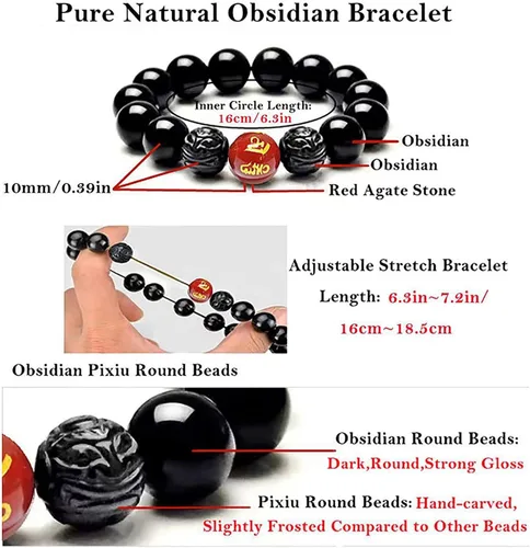 Vista 2 de Pulsera de obsidiana negra, pulsera de obsidiana negra Feng Shui para mujeres, hombres y parejas, hecha a mano con piedra tallada de ojo de tigre