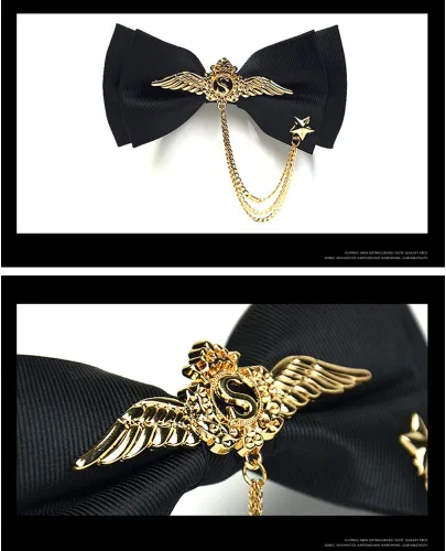 Vista 6 de Manoble Pajarita ajustable para hombre con alas de metal dorado, cadena de dos capas, corbatín, Negro
